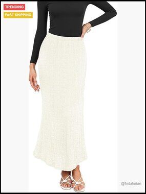 Fall Elastic Waist Lace Maxi Skirt, Elegant Knitted Eyelet Mermaid Skirt with